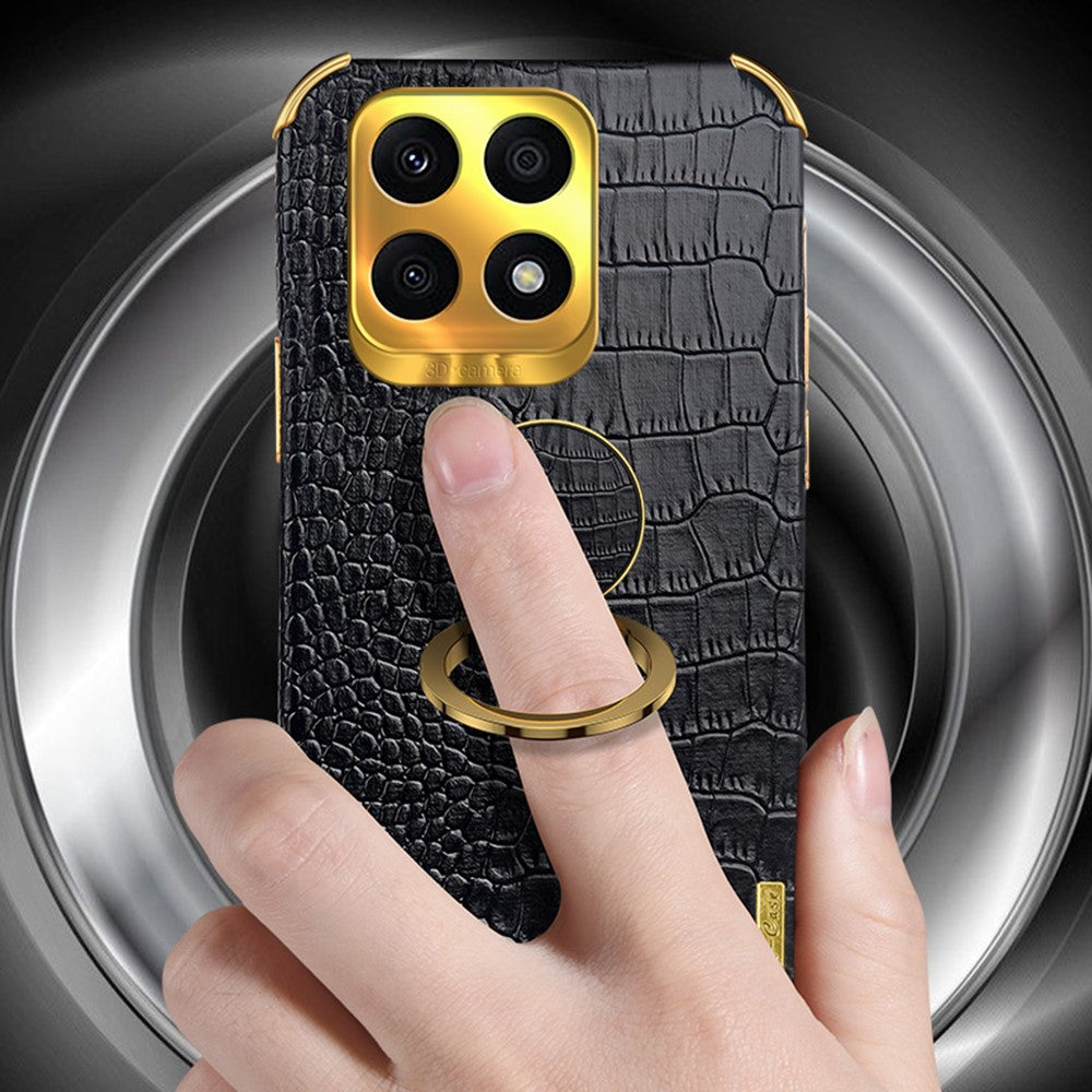 Ring Kickstand Case for Honor X8a 4G Crocodile Texture Leather Coated TPU 6D Electroplating Phone Cover