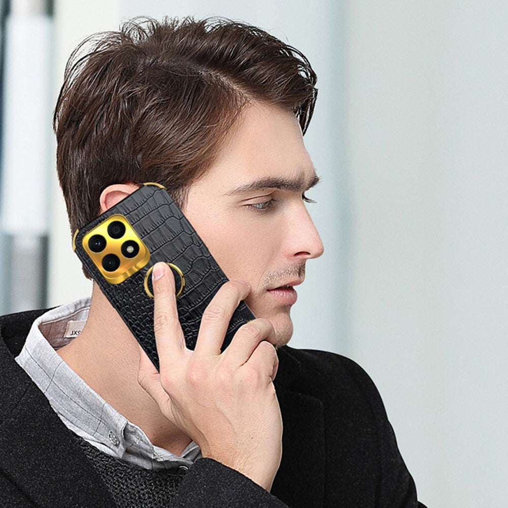 Ring Kickstand Case for Honor X8a 4G Crocodile Texture Leather Coated TPU 6D Electroplating Phone Cover