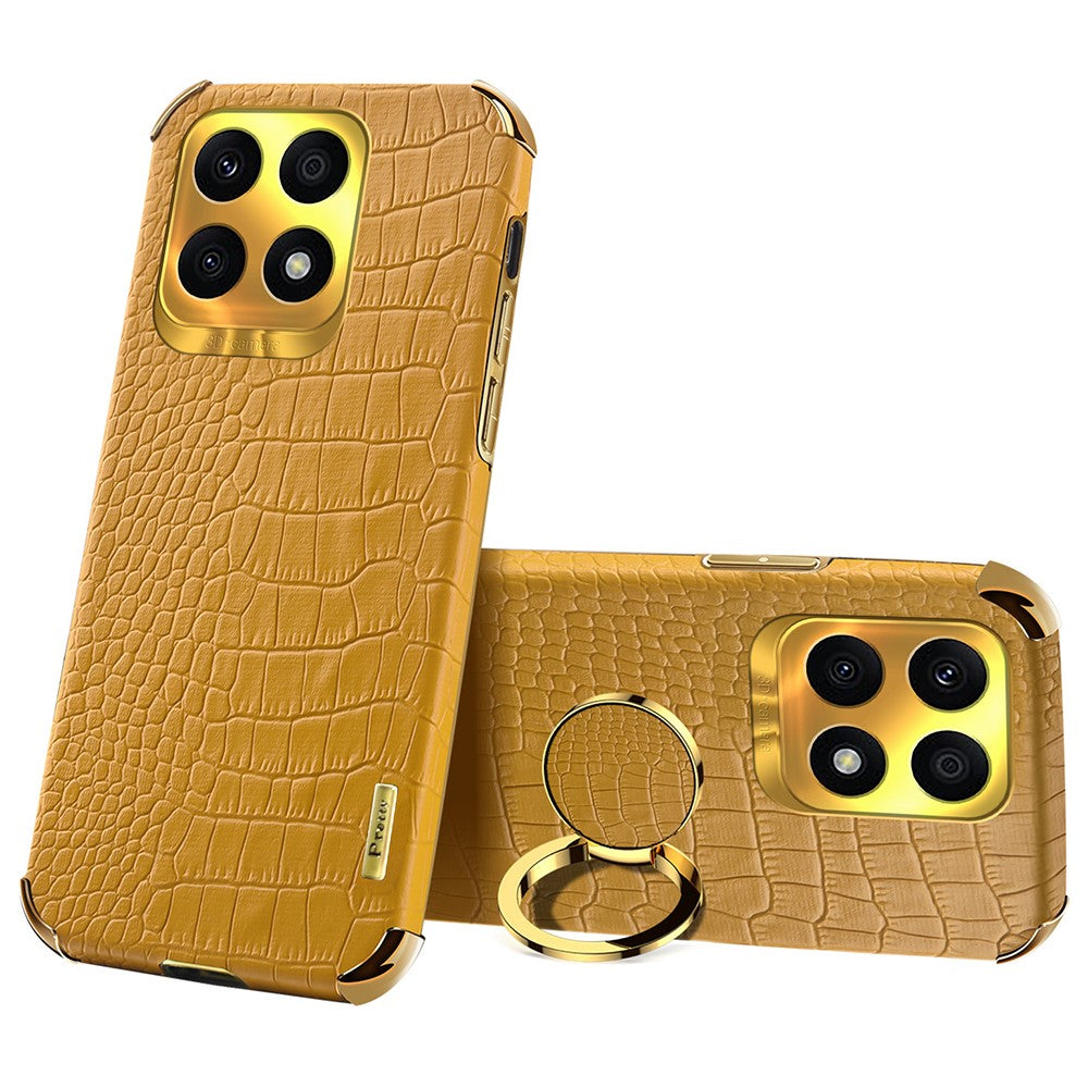 Ring Kickstand Case for Honor X8a 4G Crocodile Texture Leather Coated TPU 6D Electroplating Phone Cover