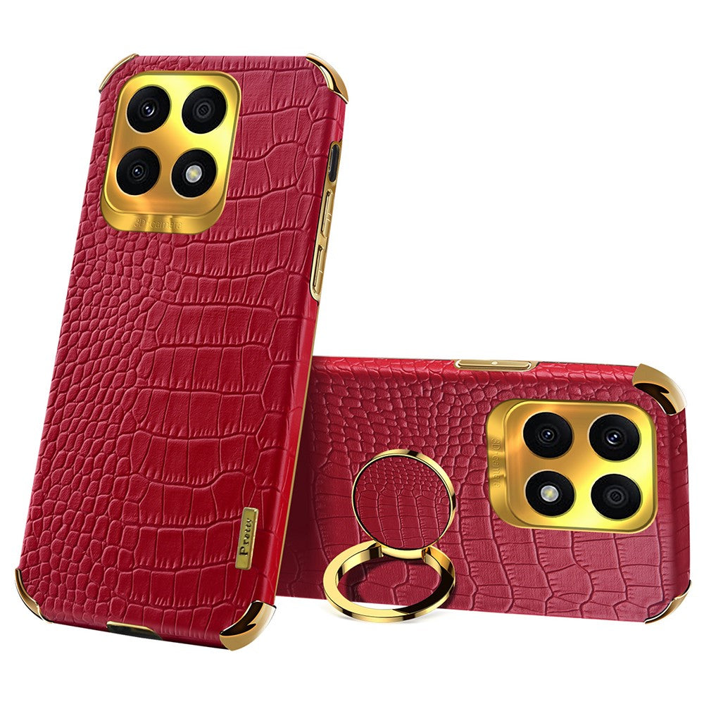 Ring Kickstand Case for Honor X8a 4G Crocodile Texture Leather Coated TPU 6D Electroplating Phone Cover