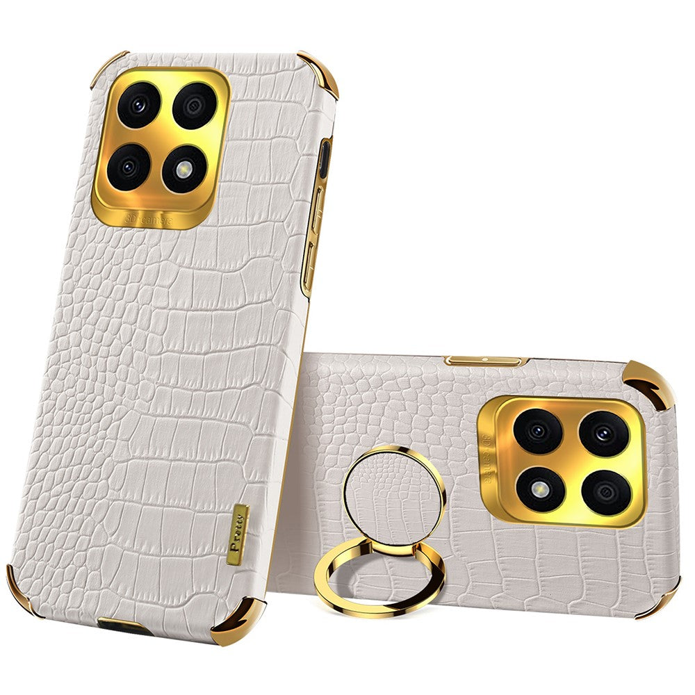 Ring Kickstand Case for Honor X8a 4G Crocodile Texture Leather Coated TPU 6D Electroplating Phone Cover