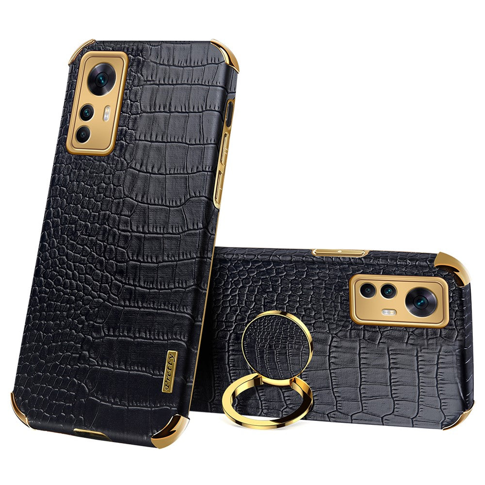 For Xiaomi Redmi K50 Ultra 5G / 12T 5G Crocodile Texture Leather Coated TPU Cover Ring Kickstand 6D Electroplated Phone Case