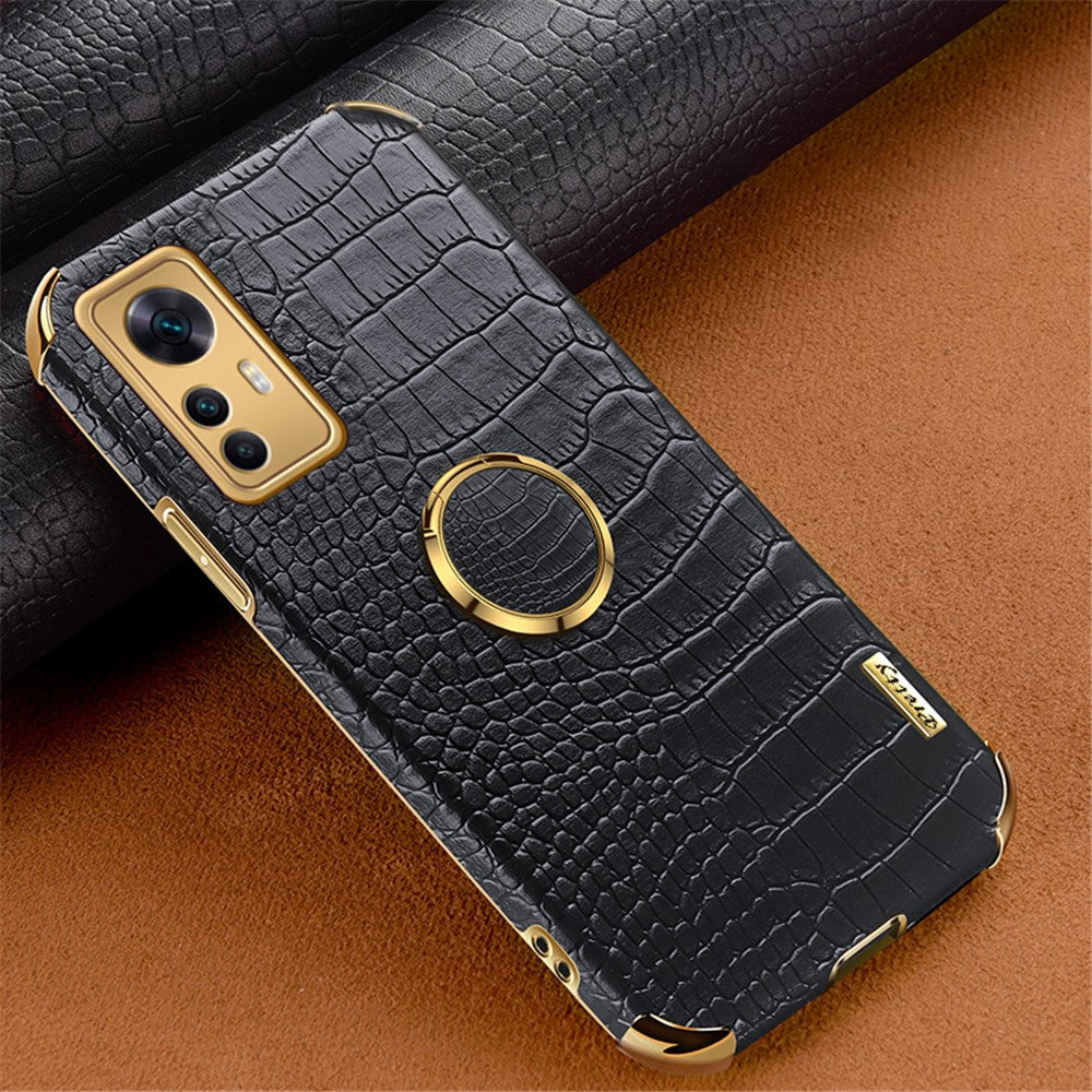 For Xiaomi Redmi K50 Ultra 5G / 12T 5G Crocodile Texture Leather Coated TPU Cover Ring Kickstand 6D Electroplated Phone Case