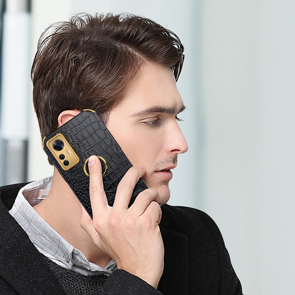 For Xiaomi Redmi K50 Ultra 5G / 12T 5G Crocodile Texture Leather Coated TPU Cover Ring Kickstand 6D Electroplated Phone Case