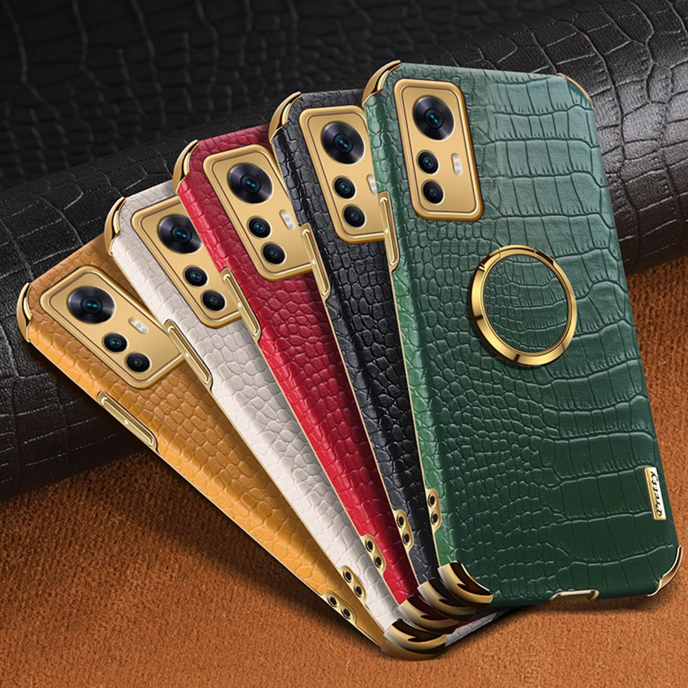 For Xiaomi Redmi K50 Ultra 5G / 12T 5G Crocodile Texture Leather Coated TPU Cover Ring Kickstand 6D Electroplated Phone Case