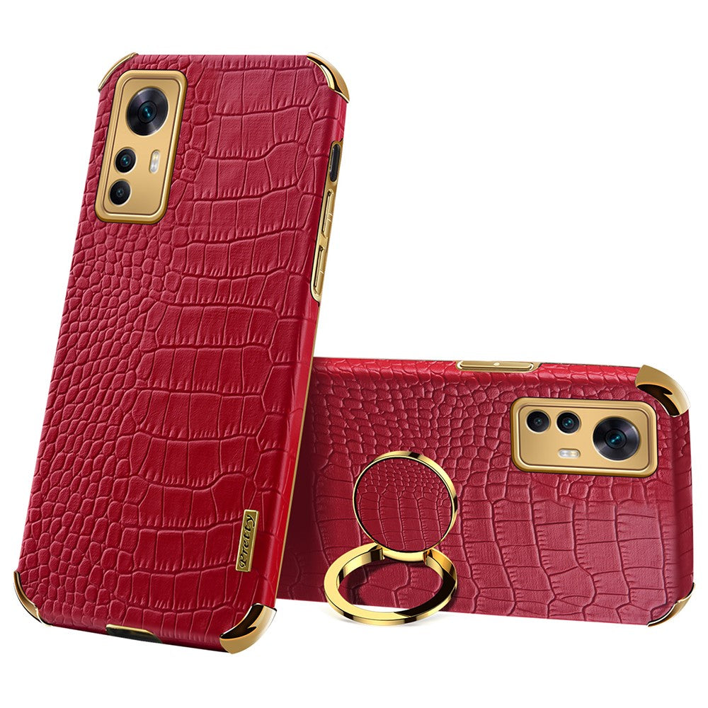 For Xiaomi Redmi K50 Ultra 5G / 12T 5G Crocodile Texture Leather Coated TPU Cover Ring Kickstand 6D Electroplated Phone Case