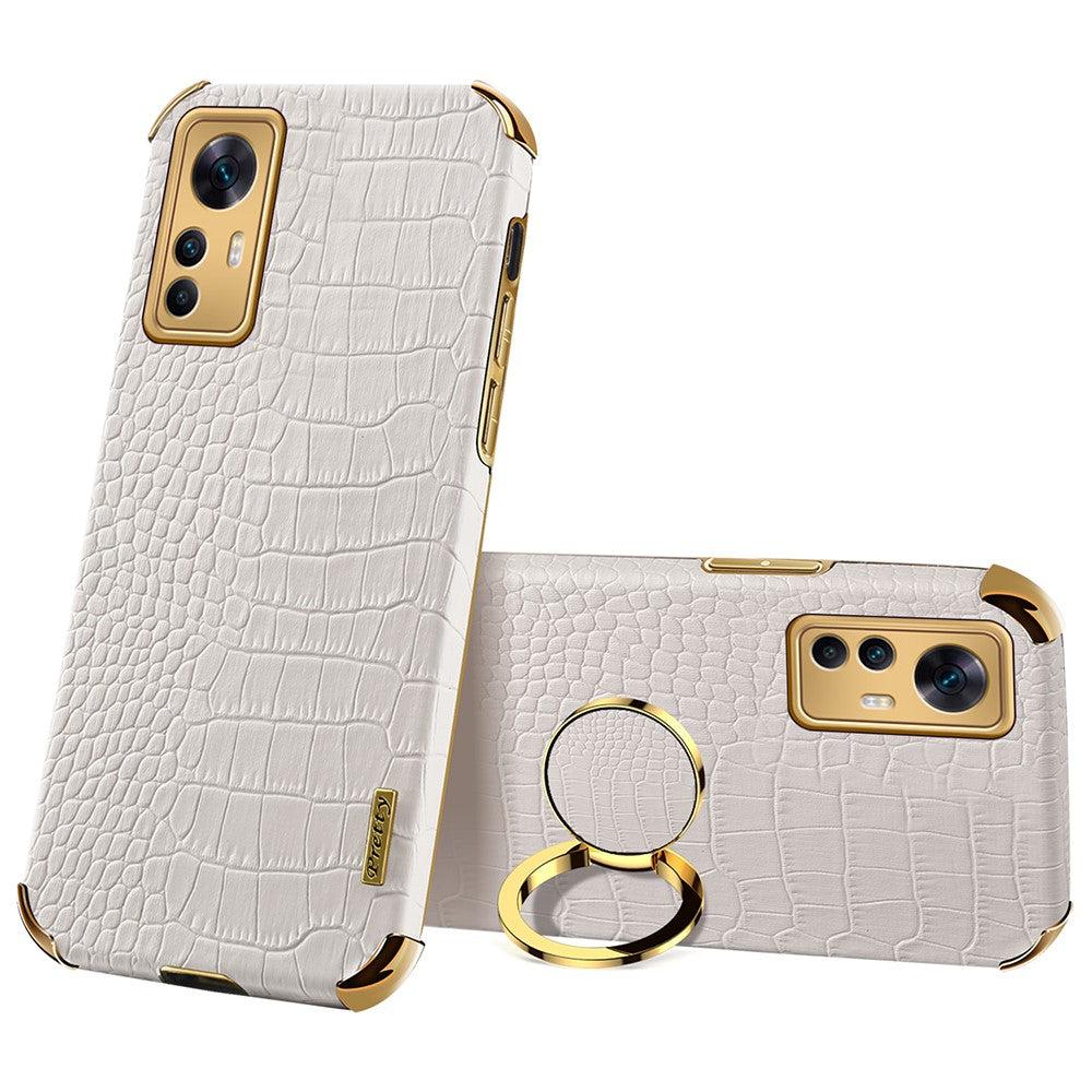 For Xiaomi Redmi K50 Ultra 5G / 12T 5G Crocodile Texture Leather Coated TPU Cover Ring Kickstand 6D Electroplated Phone Case