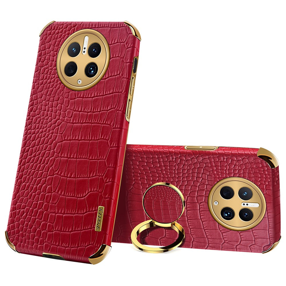 For Huawei Mate 50 Pro 4G Crocodile Texture Ring Kickstand Case 6D Electroplated Leather Coated TPU Phone Cover