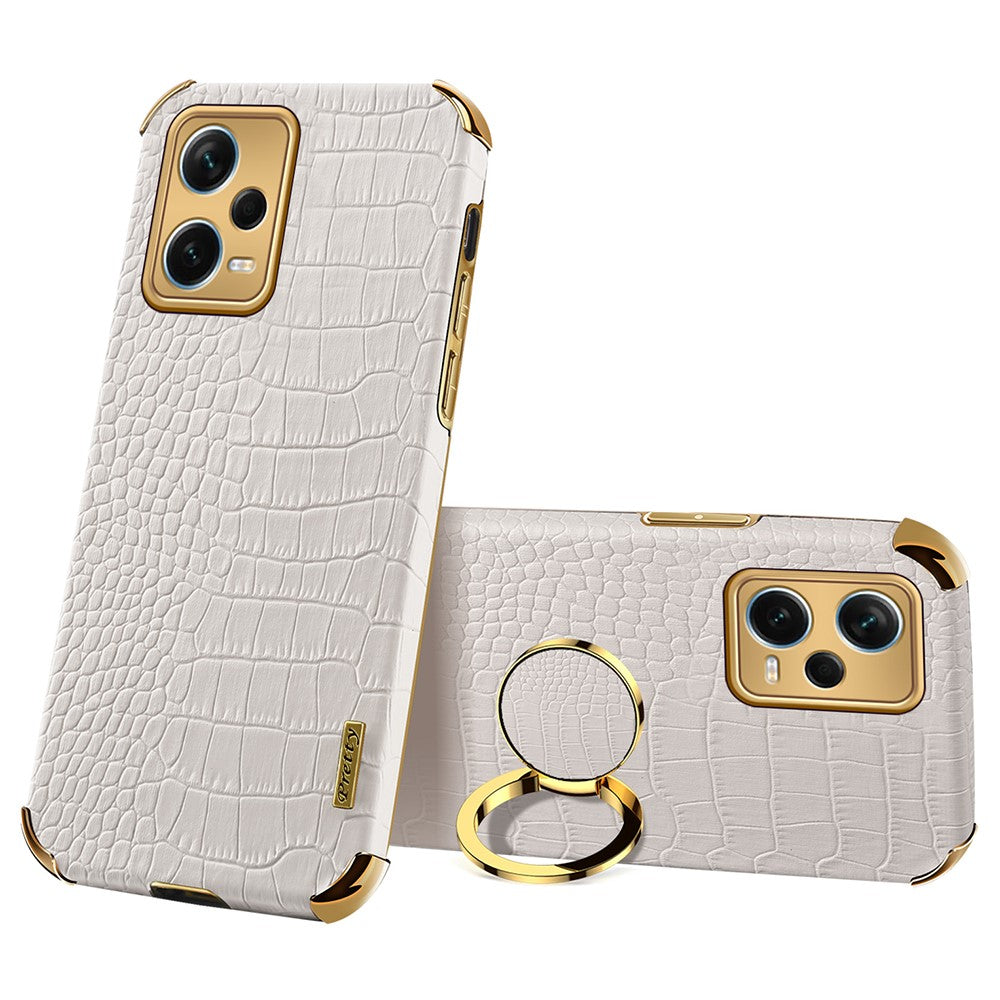 For Xiaomi Redmi Note 12 Pro+ 5G Leather Coated TPU Case Crocodile Texture Electroplated Phone Cover with Ring Kickstand