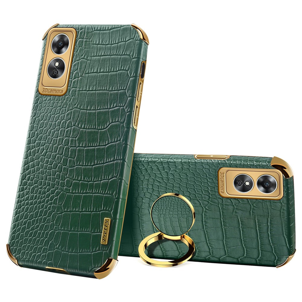For Oppo A17 4G Ring Kickstand Phone Case Precise Cutout Leather Coated TPU Electroplated Cover