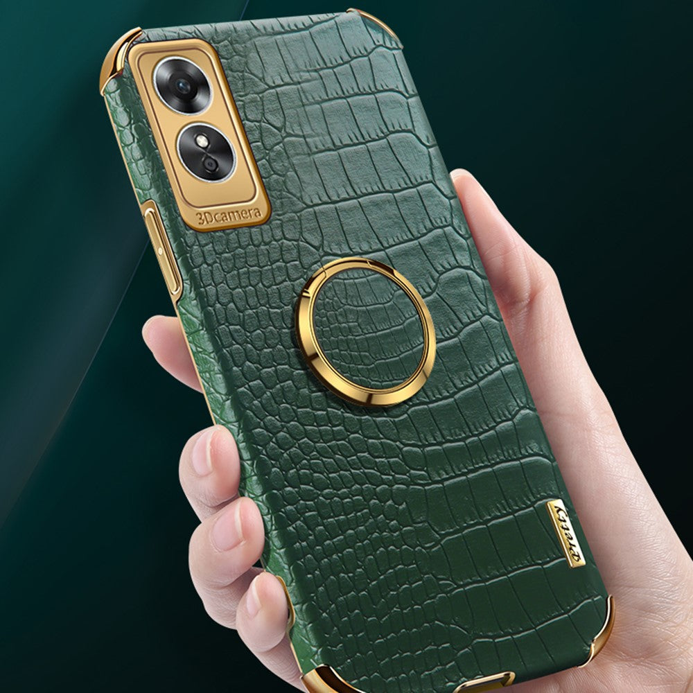 For Oppo A17 4G Ring Kickstand Phone Case Precise Cutout Leather Coated TPU Electroplated Cover