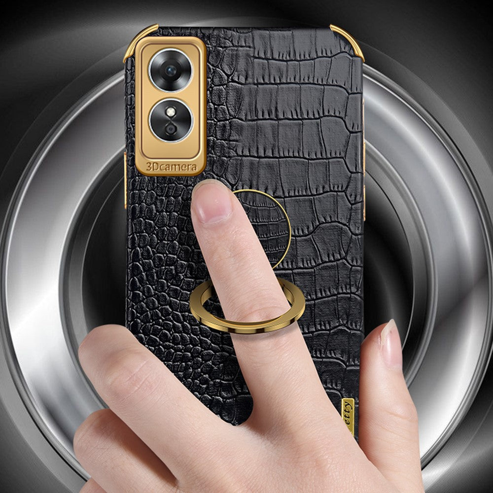 For Oppo A17 4G Ring Kickstand Phone Case Precise Cutout Leather Coated TPU Electroplated Cover