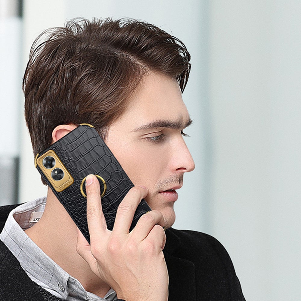 For Oppo A17 4G Ring Kickstand Phone Case Precise Cutout Leather Coated TPU Electroplated Cover