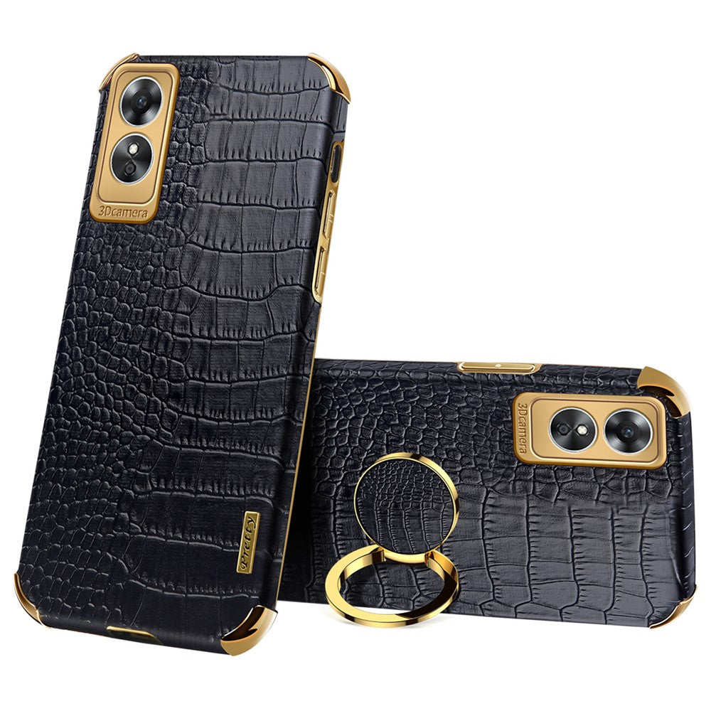 For Oppo A17 4G Ring Kickstand Phone Case Precise Cutout Leather Coated TPU Electroplated Cover