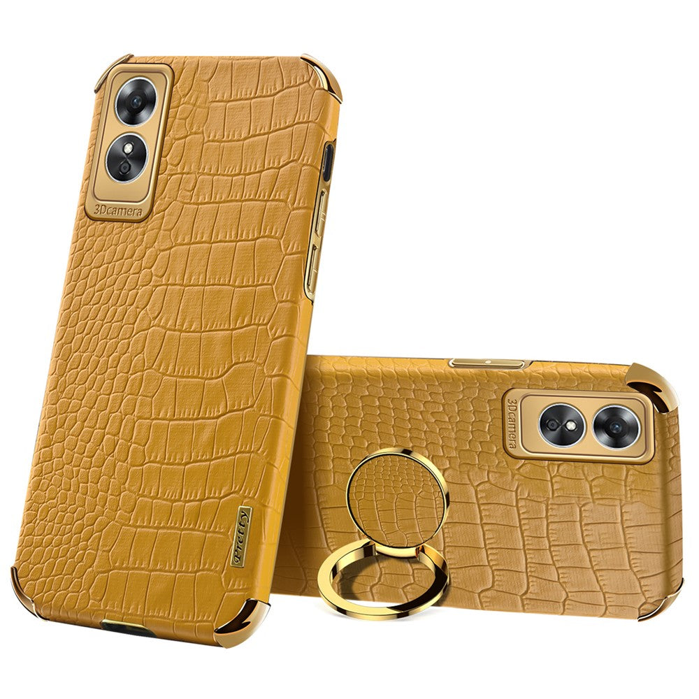 For Oppo A17 4G Ring Kickstand Phone Case Precise Cutout Leather Coated TPU Electroplated Cover