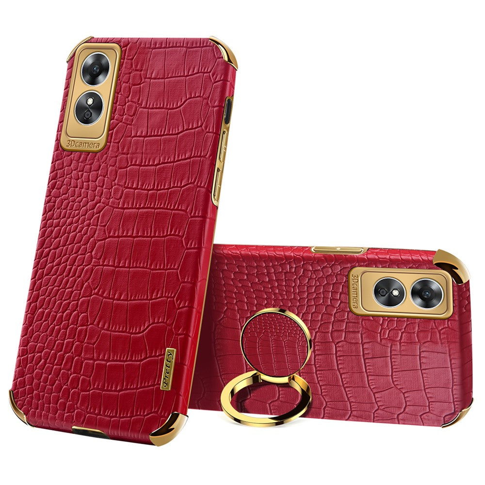 For Oppo A17 4G Ring Kickstand Phone Case Precise Cutout Leather Coated TPU Electroplated Cover