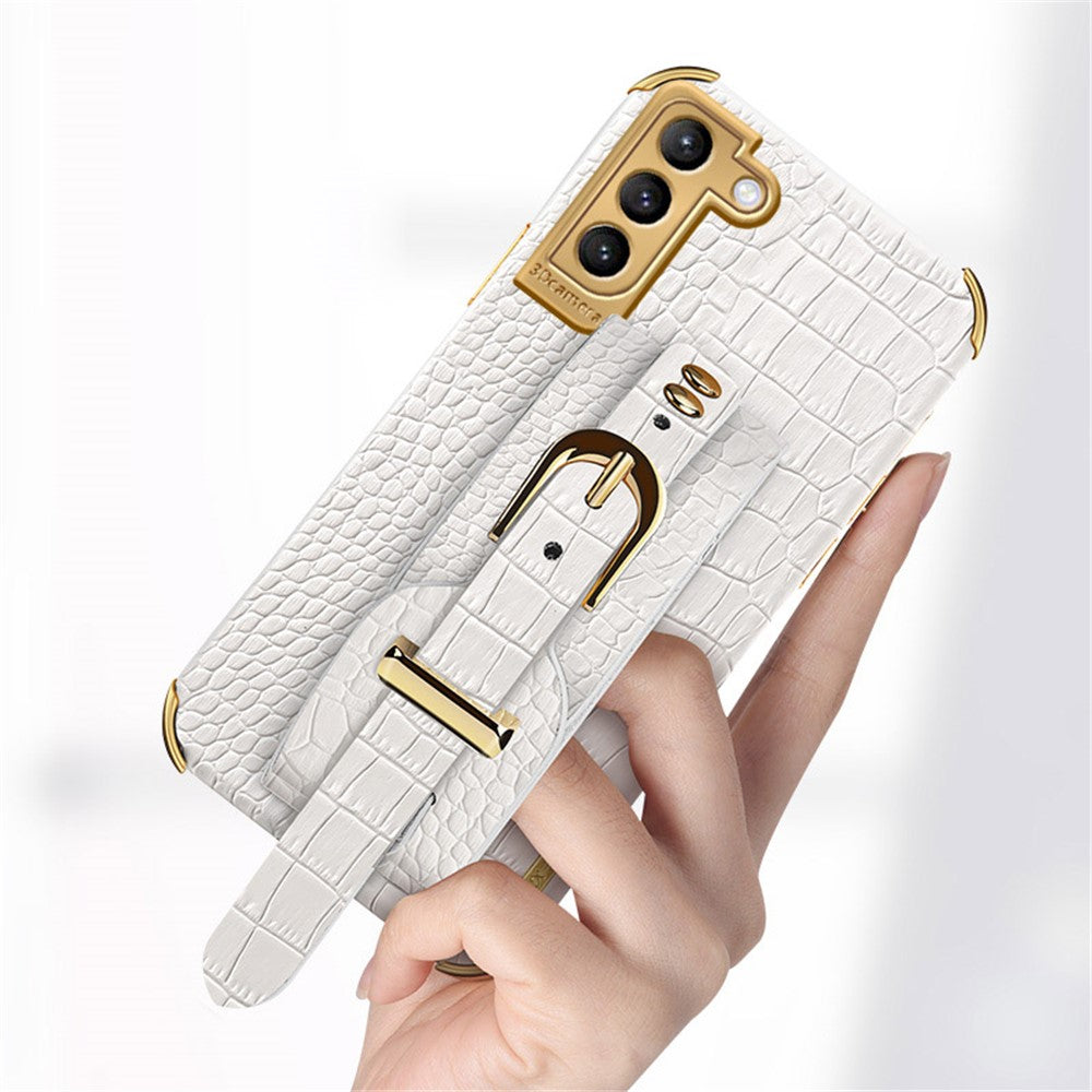 Til Samsung Galaxy S21+ 5G Anti-fald Krokodille Tekstur Telefoncover 6D Elektropladet Læderbelagt TPU Etui med Håndrem