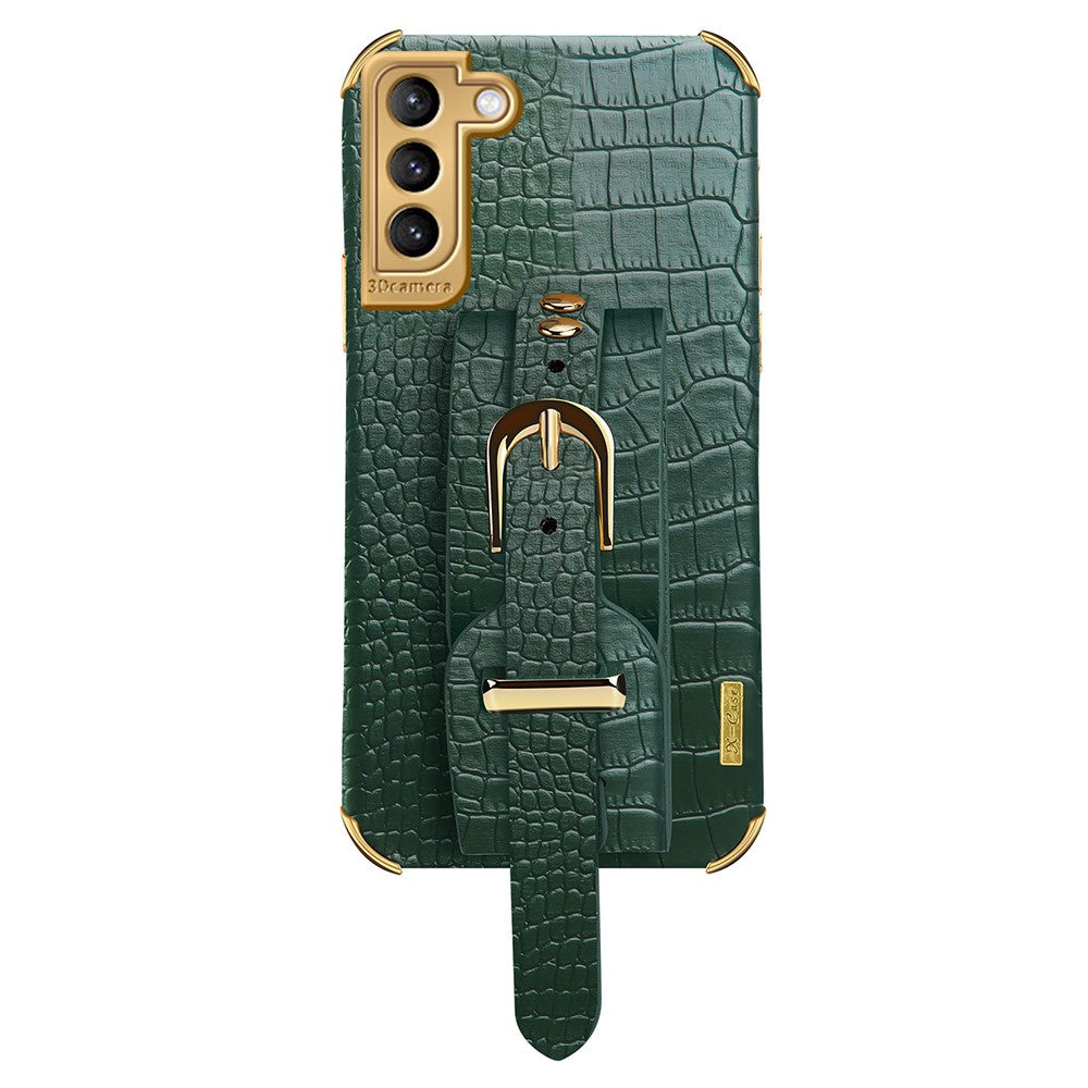 Til Samsung Galaxy S21+ 5G Anti-fald Krokodille Tekstur Telefoncover 6D Elektropladet Læderbelagt TPU Etui med Håndrem