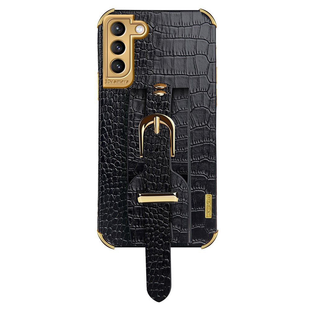 Til Samsung Galaxy S21+ 5G Anti-fald Krokodille Tekstur Telefoncover 6D Elektropladet Læderbelagt TPU Etui med Håndrem