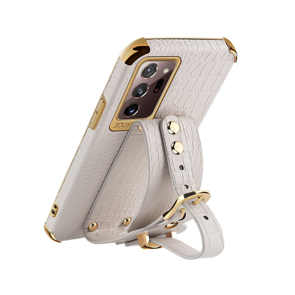 For Samsung Galaxy Note20 Ultra / Note20 Ultra 5G Crocodile Texture Anti-scratch Phone Case Hand Strap Kickstand PU Leather Coated TPU Cover