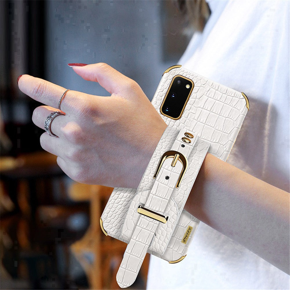 For Samsung Galaxy S20 5G / 4G Crocodile Texture Phone Cover Electroplated Leather Coated TPU Case with Strap Kickstand