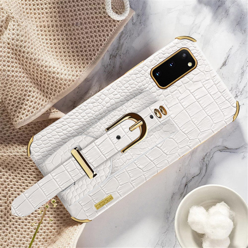 For Samsung Galaxy S20 5G / 4G Crocodile Texture Phone Cover Electroplated Leather Coated TPU Case with Strap Kickstand