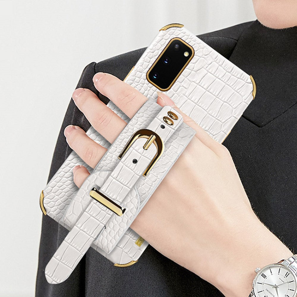For Samsung Galaxy S20 5G / 4G Crocodile Texture Phone Cover Electroplated Leather Coated TPU Case with Strap Kickstand