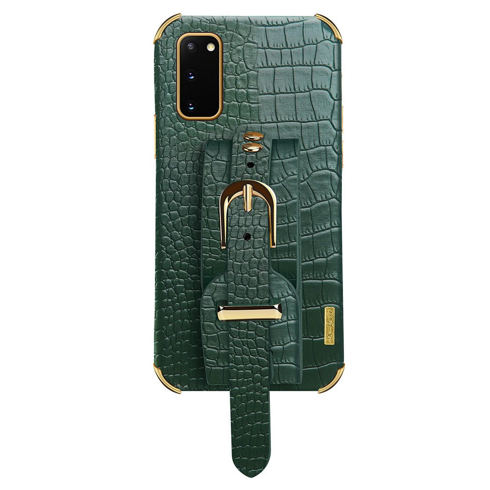 For Samsung Galaxy S20 5G / 4G Crocodile Texture Phone Cover Electroplated Leather Coated TPU Case with Strap Kickstand
