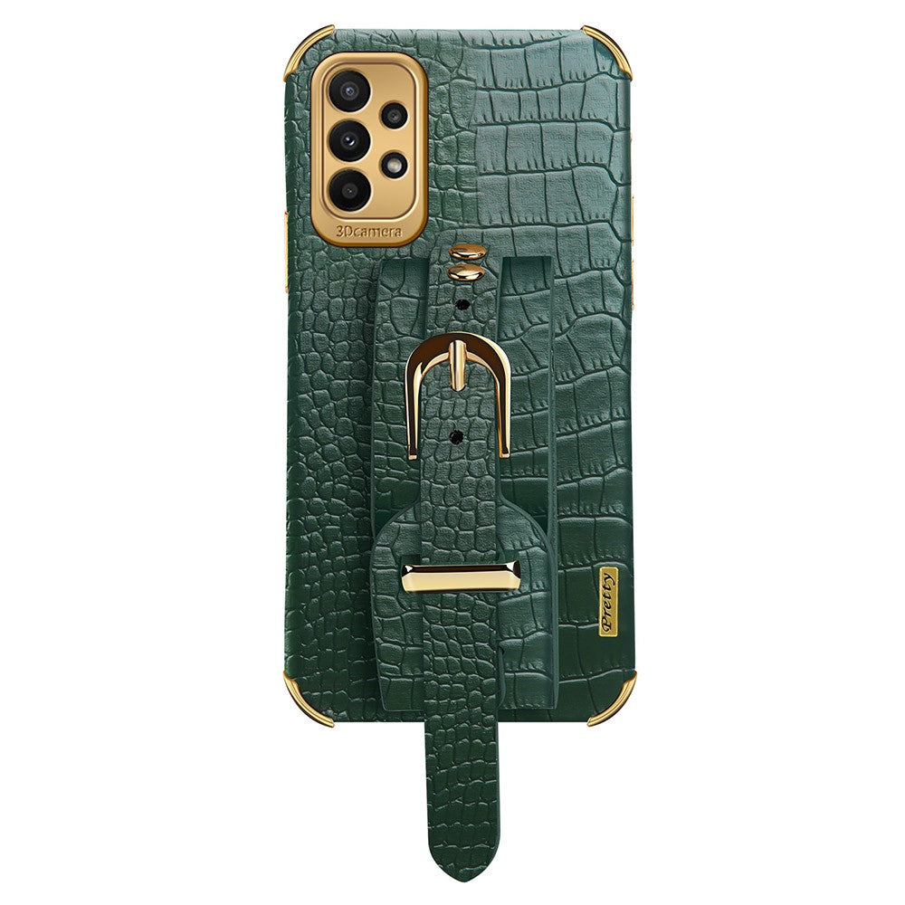 Til Samsung Galaxy A23 5G (global version) / A23 4G læderbeklædt TPU mobilcover med krokodillemønster, galvaniseret etui med håndledsrem