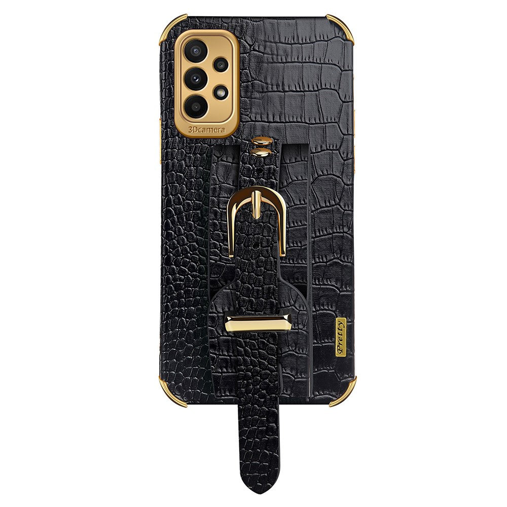 Til Samsung Galaxy A23 5G (global version) / A23 4G læderbeklædt TPU mobilcover med krokodillemønster, galvaniseret etui med håndledsrem