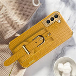For Samsung Galaxy S23+ Crocodile Texture Leather Coated TPU Phone Case 6D Electroplating Wristband Back Cover