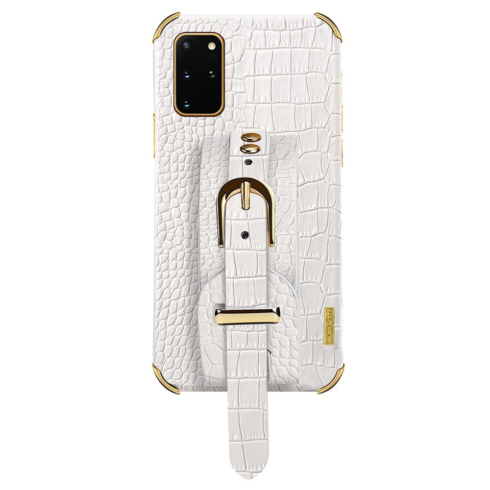 For Samsung Galaxy S20 Plus 5G / 4G Crocodile Texture Wristband Case 6D Electroplating PU Leather + TPU Phone Cover