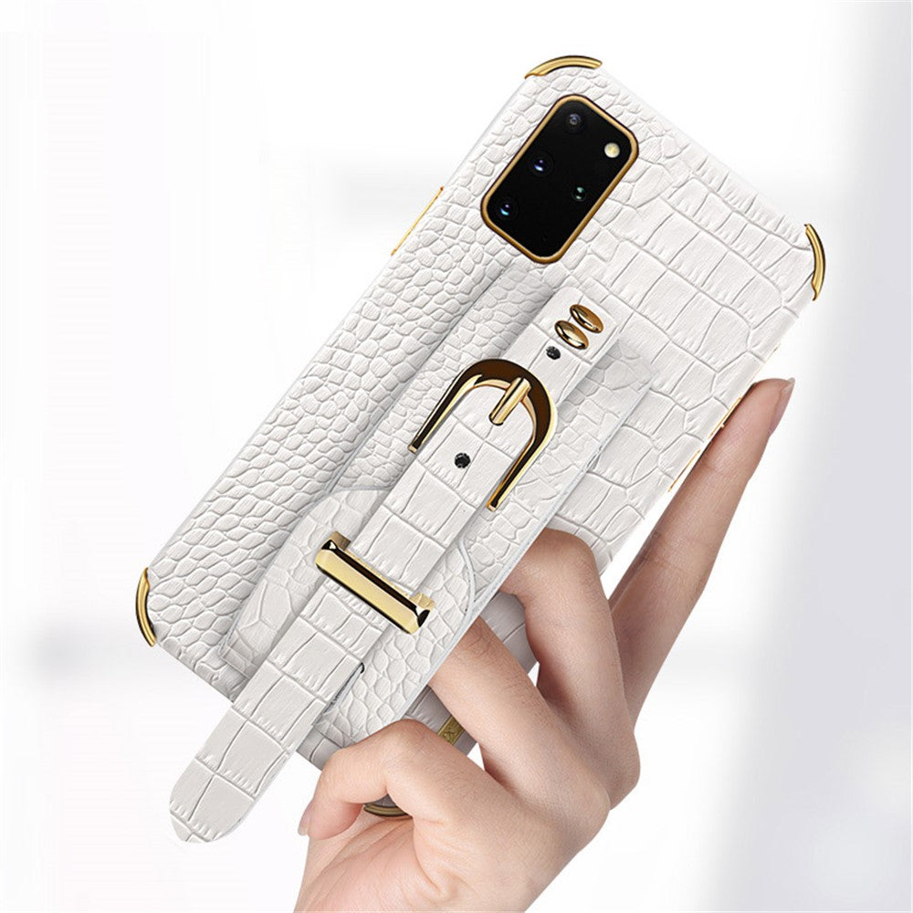For Samsung Galaxy S20 Plus 5G / 4G Crocodile Texture Wristband Case 6D Electroplating PU Leather + TPU Phone Cover