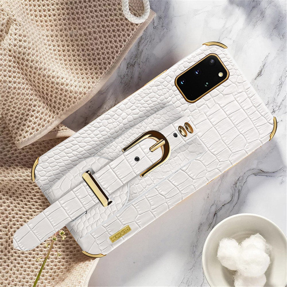 For Samsung Galaxy S20 Plus 5G / 4G Crocodile Texture Wristband Case 6D Electroplating PU Leather + TPU Phone Cover