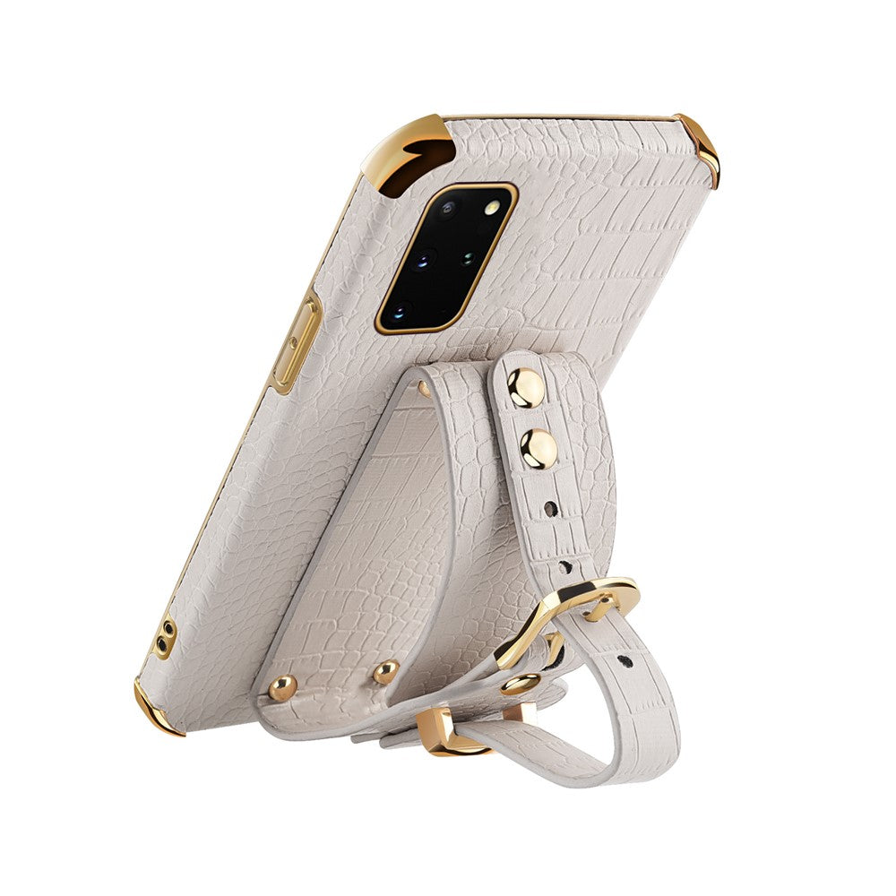 For Samsung Galaxy S20 Plus 5G / 4G Crocodile Texture Wristband Case 6D Electroplating PU Leather + TPU Phone Cover
