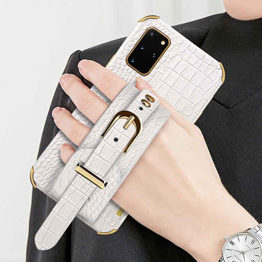 For Samsung Galaxy S20 Plus 5G / 4G Crocodile Texture Wristband Case 6D Electroplating PU Leather + TPU Phone Cover