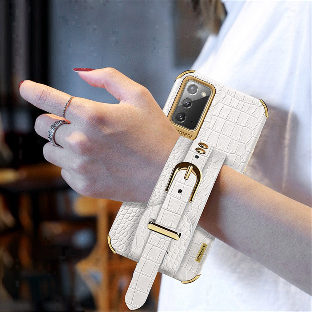 For Samsung Galaxy Note20 5G / Note20 Crocodile Texture Wristband Phone Case 6D Electroplating Leather Coated TPU Cover