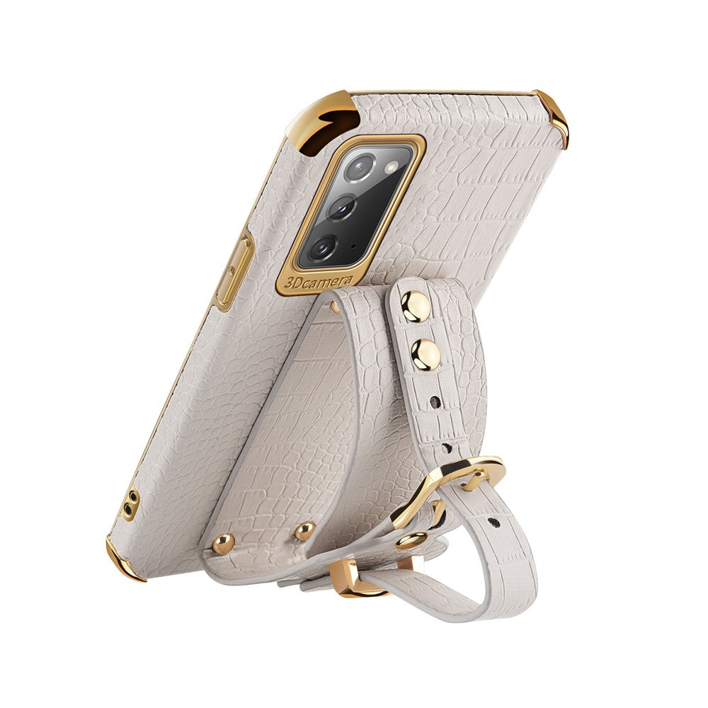 For Samsung Galaxy Note20 5G / Note20 Crocodile Texture Wristband Phone Case 6D Electroplating Leather Coated TPU Cover