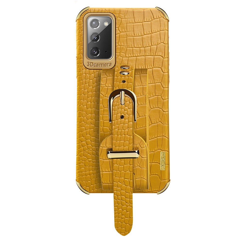 For Samsung Galaxy Note20 5G / Note20 Crocodile Texture Wristband Phone Case 6D Electroplating Leather Coated TPU Cover