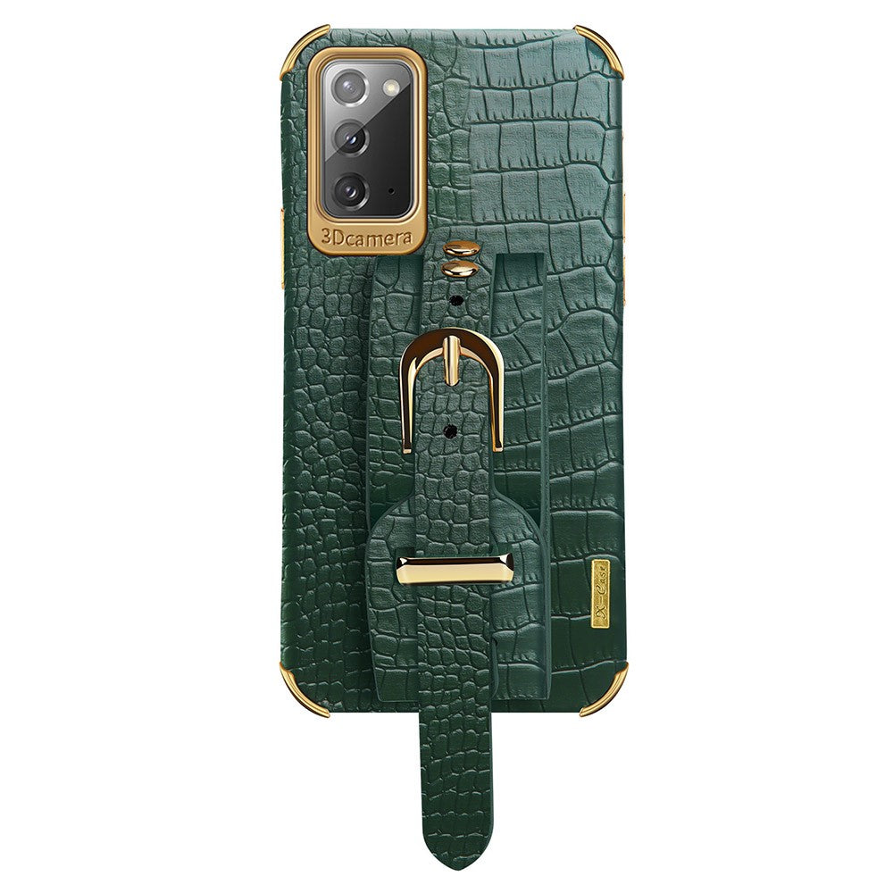 For Samsung Galaxy Note20 5G / Note20 Crocodile Texture Wristband Phone Case 6D Electroplating Leather Coated TPU Cover