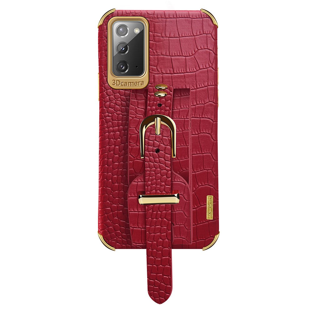 For Samsung Galaxy Note20 5G / Note20 Crocodile Texture Wristband Phone Case 6D Electroplating Leather Coated TPU Cover