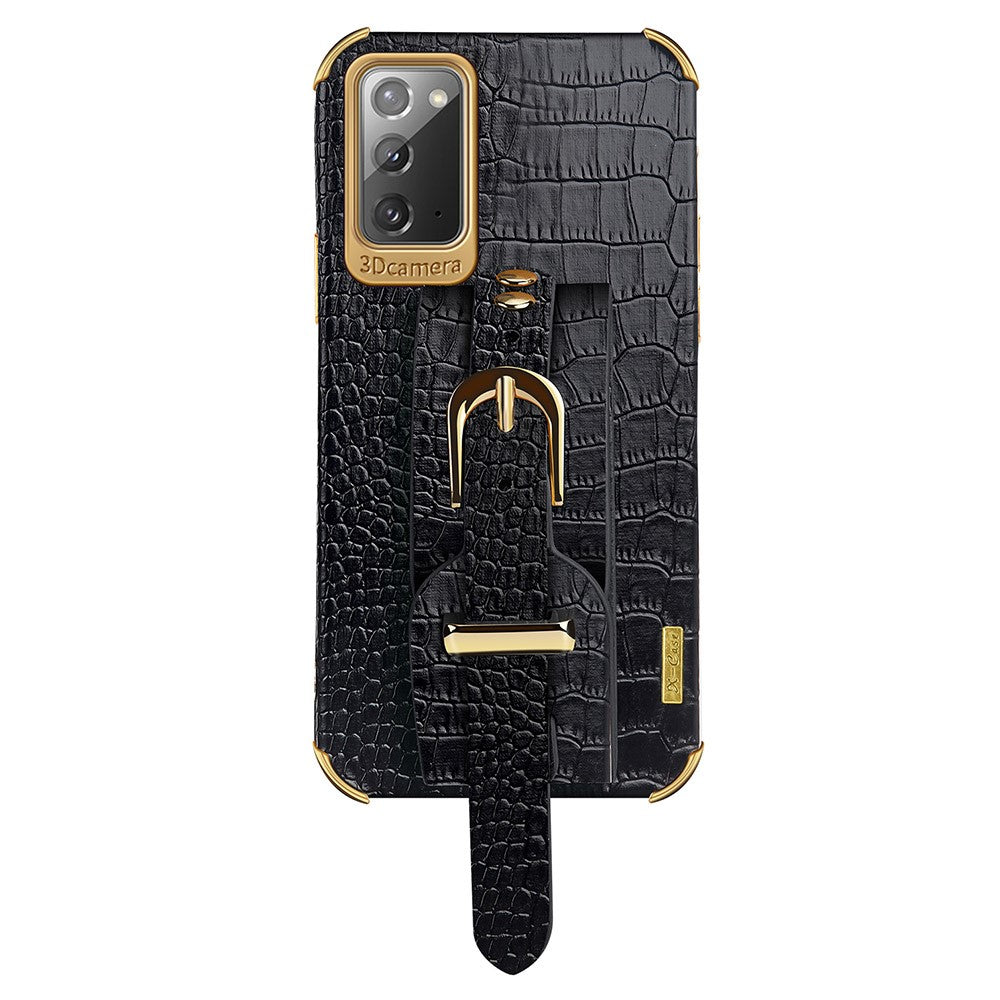 For Samsung Galaxy Note20 5G / Note20 Crocodile Texture Wristband Phone Case 6D Electroplating Leather Coated TPU Cover