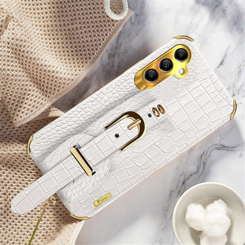 For Samsung Galaxy A24 4G (162.1 x 77.6 x 8.3mm) Wristband Phone Cover Crocodile Texture Electroplating PU Leather + TPU Protective Case