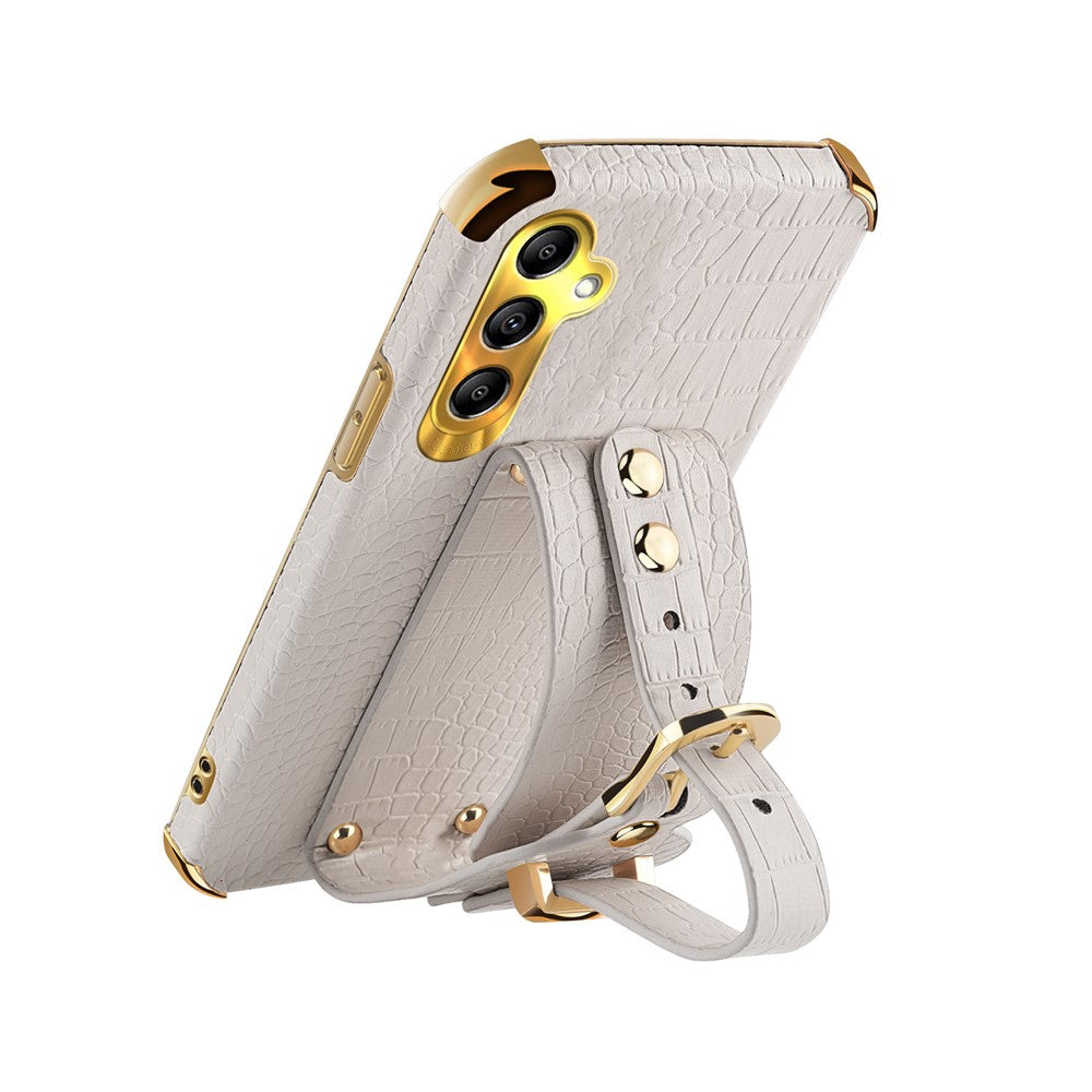 For Samsung Galaxy A24 4G (162.1 x 77.6 x 8.3mm) Wristband Phone Cover Crocodile Texture Electroplating PU Leather + TPU Protective Case