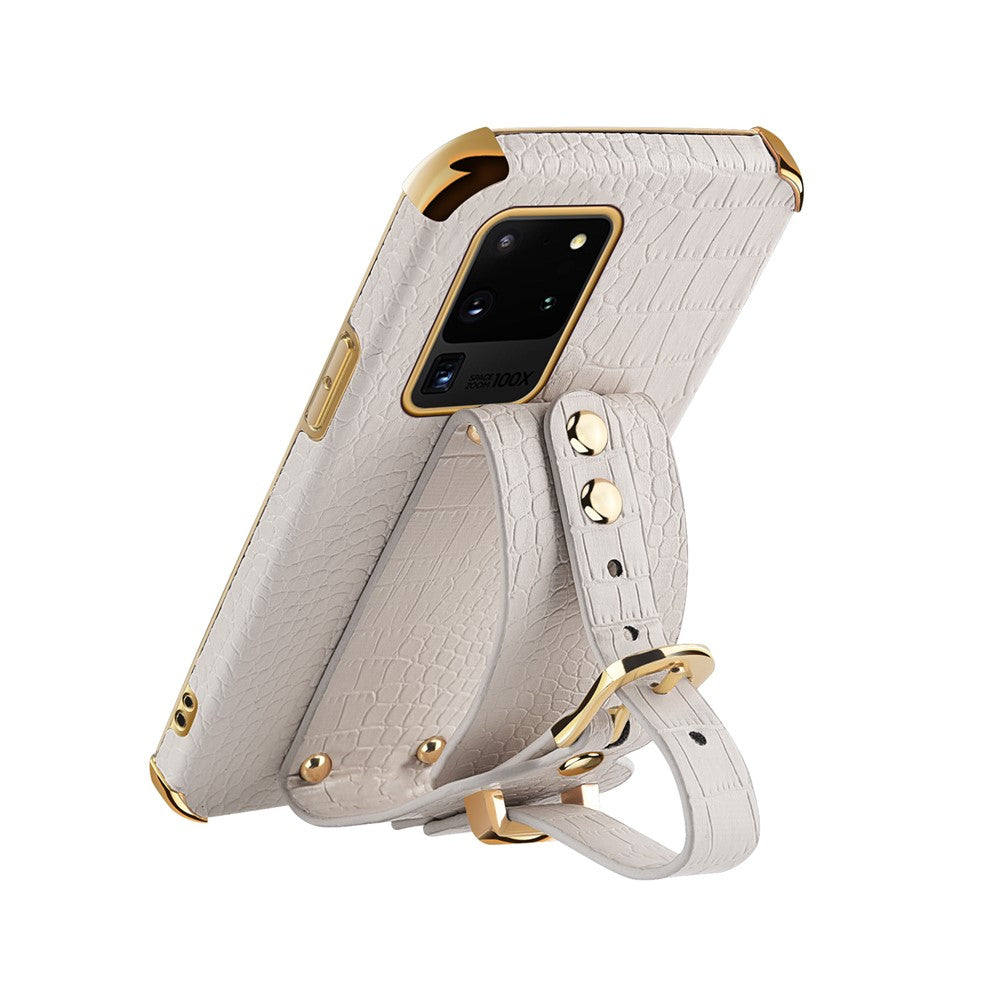 Samsung Galaxy S20 Ultra mobilcover i TPU med krokodilmønster og læderoverflade, 6D galvaniseret stødabsorberende cover med håndledsrem