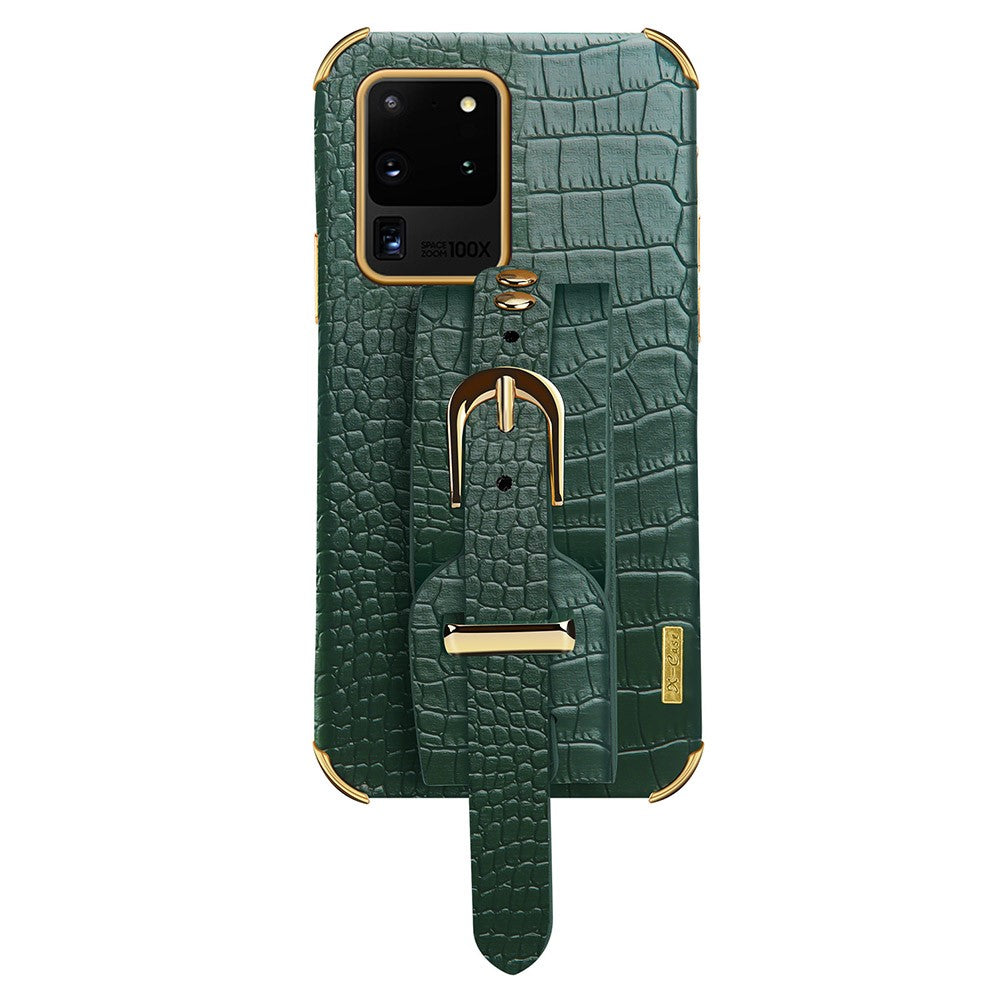 Samsung Galaxy S20 Ultra mobilcover i TPU med krokodilmønster og læderoverflade, 6D galvaniseret stødabsorberende cover med håndledsrem