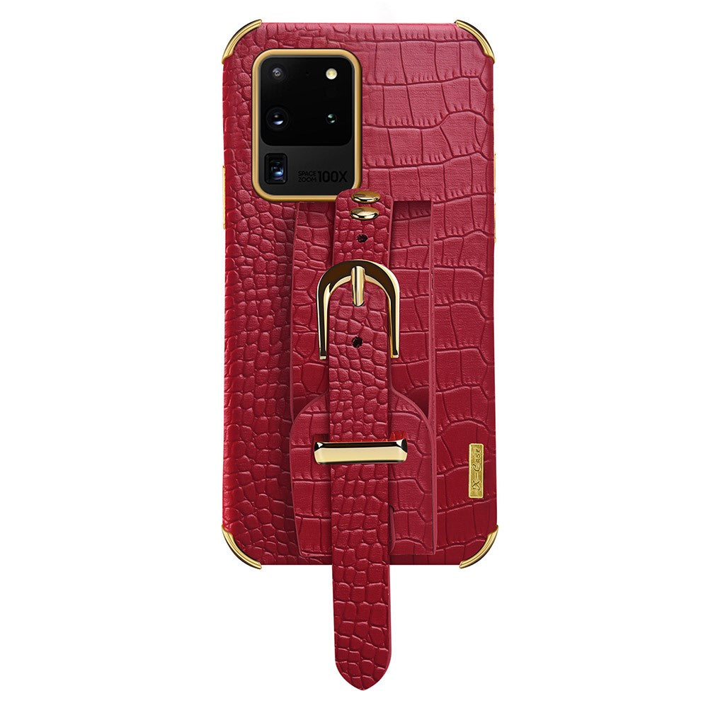 Samsung Galaxy S20 Ultra mobilcover i TPU med krokodilmønster og læderoverflade, 6D galvaniseret stødabsorberende cover med håndledsrem
