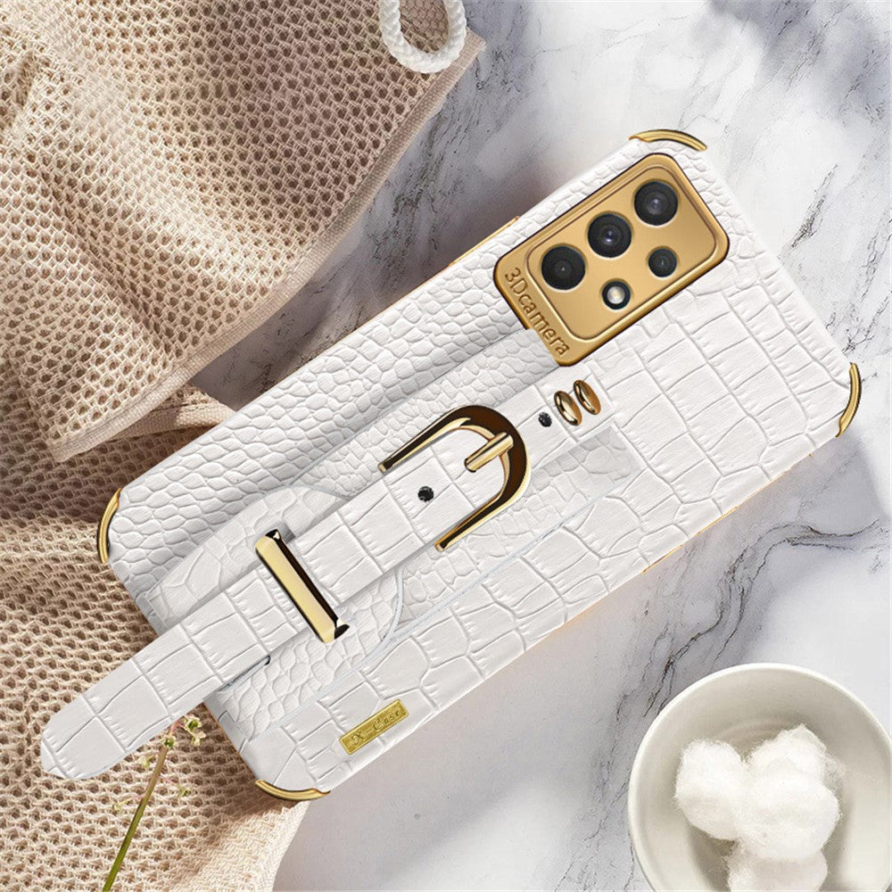 Crocodile Texture Electroplating Case for Samsung Galaxy A32 4G (EU Version) Precise Cutout Phone Case with Hand Strap Kickstand