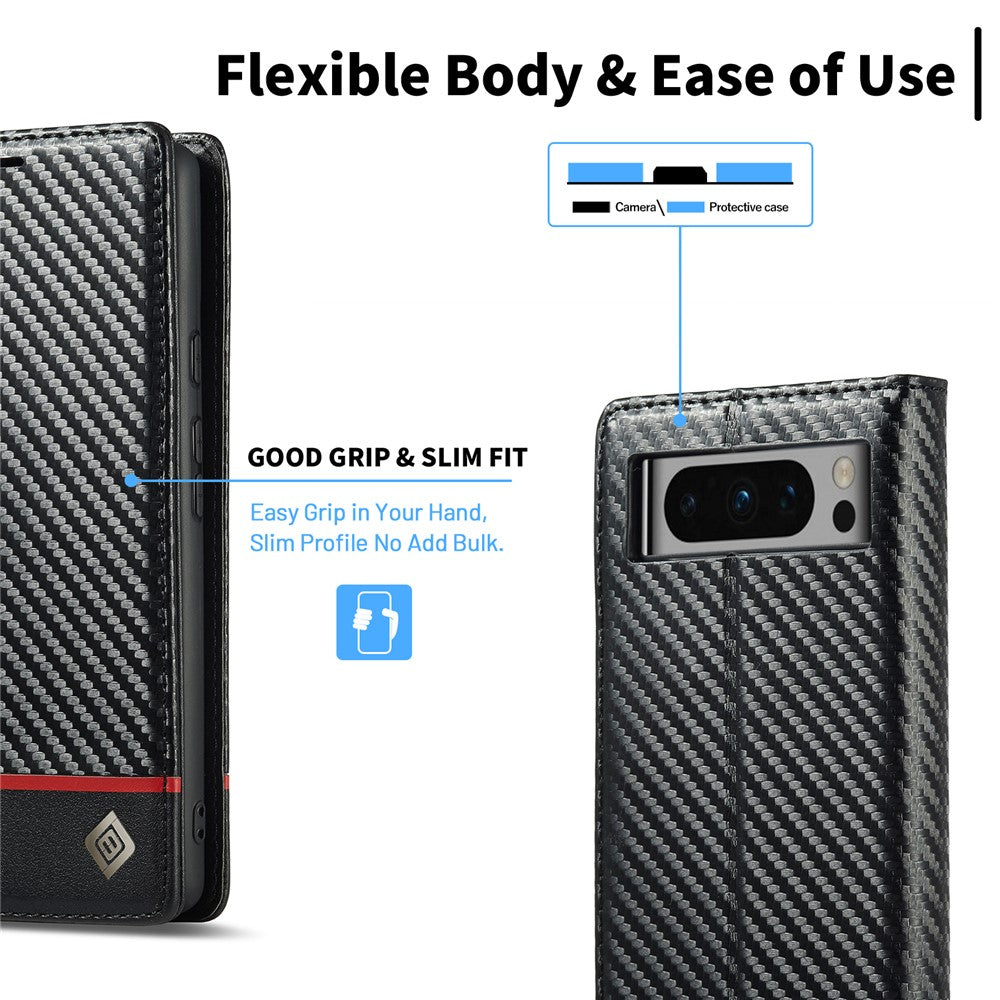 LC.IMEEKE For Google Pixel 8 Pro PU Leather Wallet Phone Case Carbon Fiber Texture Cover with Stand