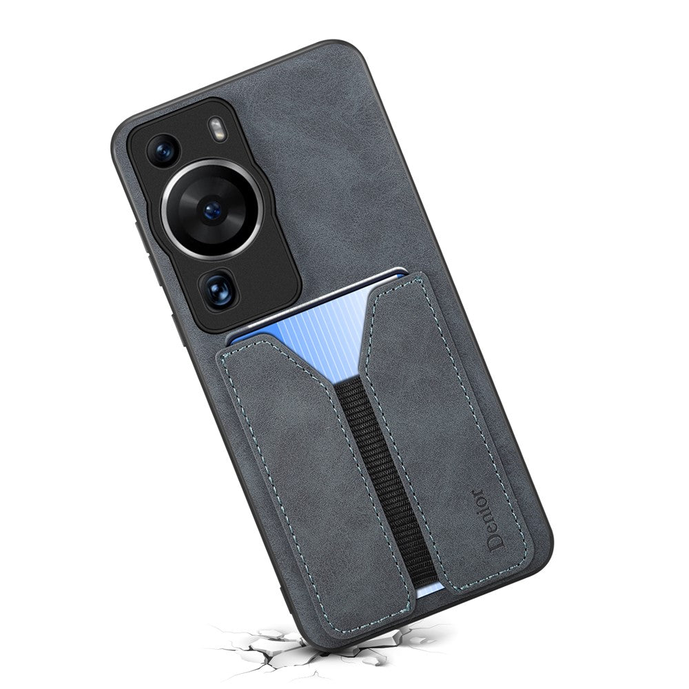 DENIOR For Huawei P60 / P60 Pro Elastic Card Holder Phone Case PU Leather Coated TPU Anti-drop Cover